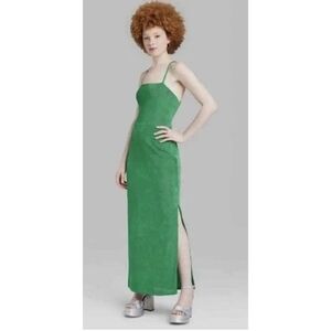 NEW Wild Fable Green Lace-Up Back Side Slit Maxi Bodycon Dress
